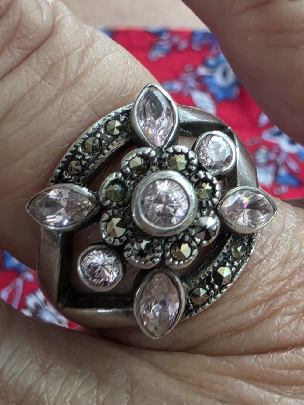 Silver Crystal And Marcacite Statement Ring